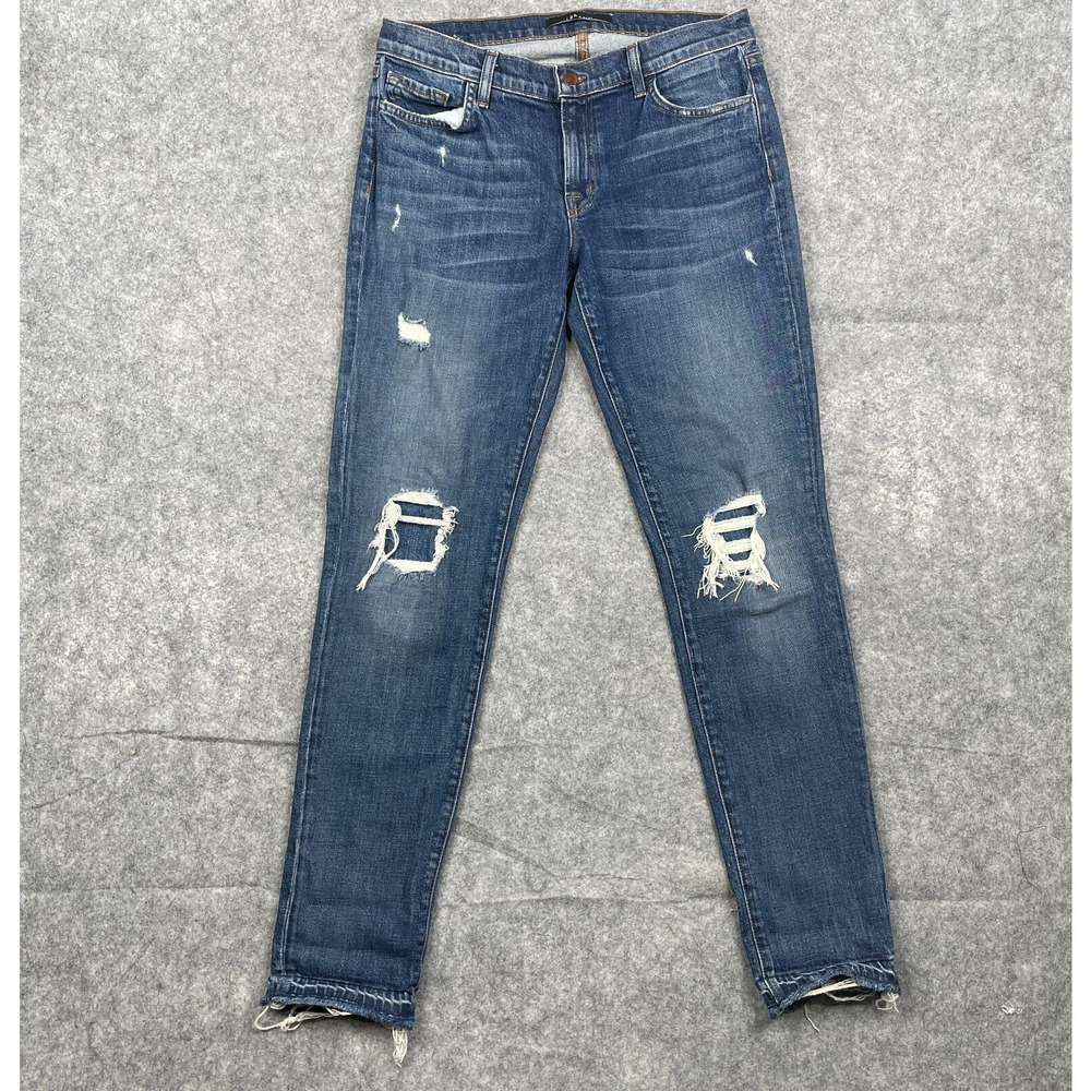 J Brand Ellis Straight Leg In Villain Patched and Repaired Jeans Size 27 Blue
